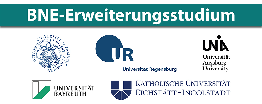 Auf diesem Sliderbild wird der Begriff "BNE-Erweiterungsstudium" angezeigt. Darunter sind die fünf Logos der Universitäten Augsburg, Bamberg, Bayreuth, Eichstätt-Ingolstadt und Regensburg zu sehen.